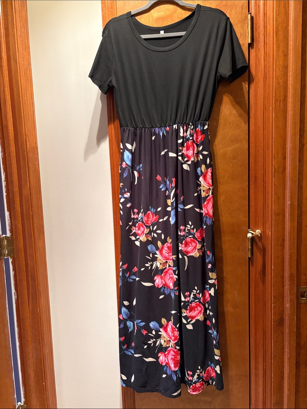 Black Floral Maxi Dress with Short Sleeve Top and Red Rose Print